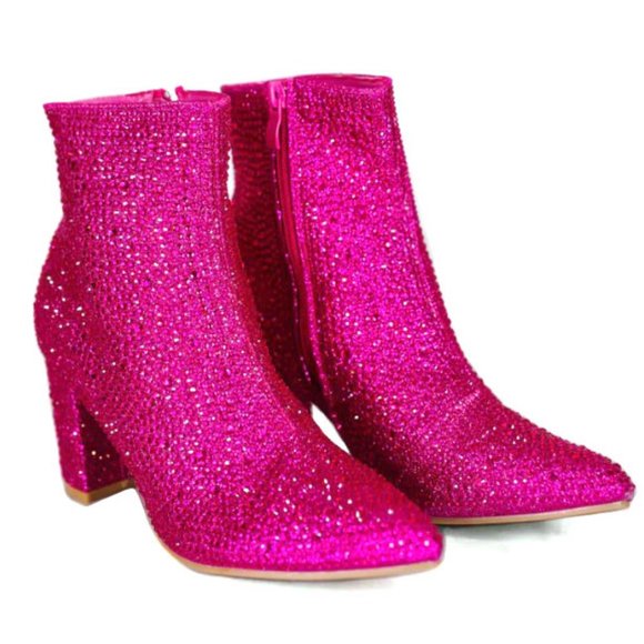 New Fuchsia Pink Blingy Rhinestone  Point Toe Ankle Boots Booties - Picture 2 of 4